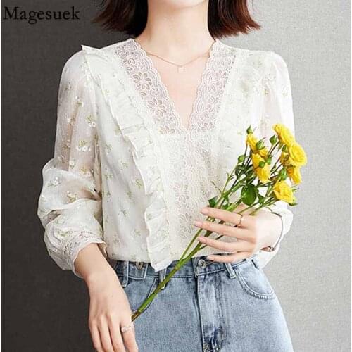 Elegant Printed Floral Ruffle Blouse with Lace Sweet V Neck Hollow Out Lace Womens Shirt Long Sleeve Autumn Casual Tops 16555