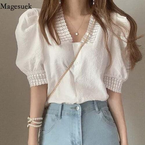 Summer New Summer Shirt Women Single-breasted Please Womens Blouse White Korean Style Puff Short Sleeve Loose Tops Blusas 13659