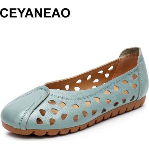 CEYANEAOWomen flat shoes Ballet flat sneakers genuine leather without lace moccasins ladies boat white ballerina Espadrilles Cre