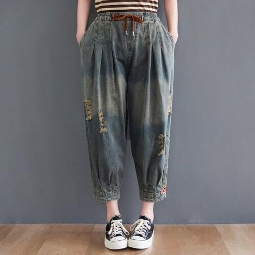 2021 Spring Summer New Arts Style Women Elastic Waist Vintage Embroidery Loose Hole Jeans Casual Cotton Denim Harem Pants V405