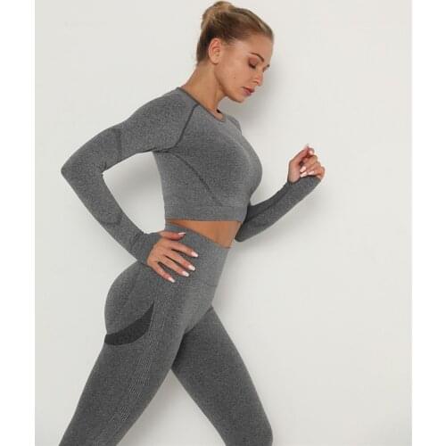 2 Pieces Seamless Women Yoga Set Workout Sportswear Gym Clothing Fitness Long Sleeve Top High Waist Leggings Sports Suits