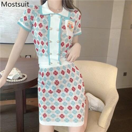Vintage Elegant Clover Knitted Two Piece Set Women Summer Short Sleeve Tops + Mini Skirt Sweet Fashion Matching Set 2021