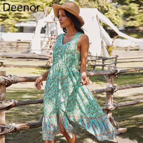Deenor 2021 Summer Sexy V Neck Sleeveless Maxi Dress Boho Floral Print Casual Empire Robe Ladies Party Long Dress Vestidos