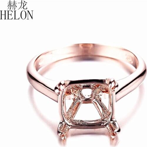 HELON 9x9mm Cushion Cut Solid 14k Rose Gold Solitaire Engagement Wedding Semi Mount Fine Jewelry Ring Prong Setting Women Gift