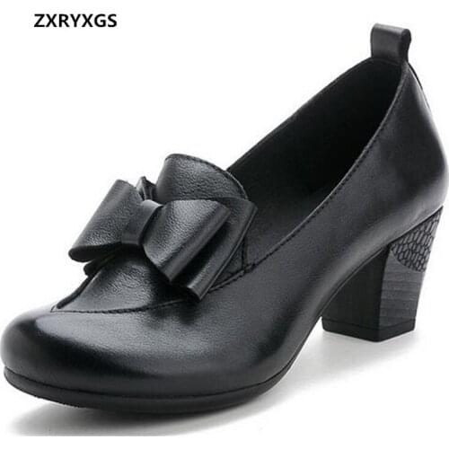 ZXRYXGS 100% All Natural Genuine Leather Shoes Women High Heel Shoes 2021 New Spring Fashion All-match Classic Bow Women Shoes