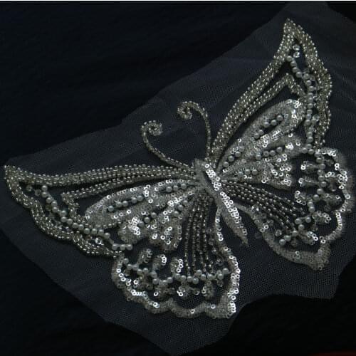 13*22cm butterfly beaded lace appliques for wedding dresses Rhinestone lace appliques patches Embroidery patch lace flowers