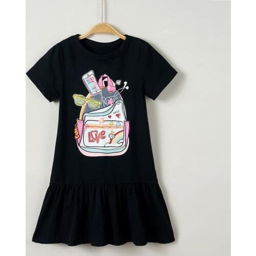 2021 New Toddler Girls Cotton Dress Costume Summer Casual Kids Black Fashion Print Clothes Outfit For 1-6 Years