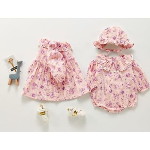2021 Autumn New Baby Girl Long Sleeve Clothes Set Infant Floral Bodysuit With Hat Girl Flower Dress Fashion Sister Twin Clothing