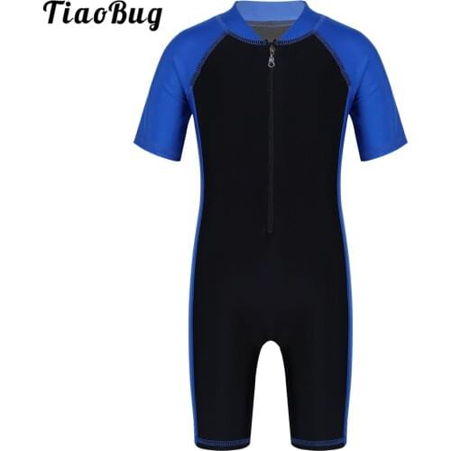 Kids Boys/Girls One-Piece Short Sleeves Swimwear Stand Collar Zippered Shorty Wetsuit Swimsuit Bathing Diving Suit Rash Guar