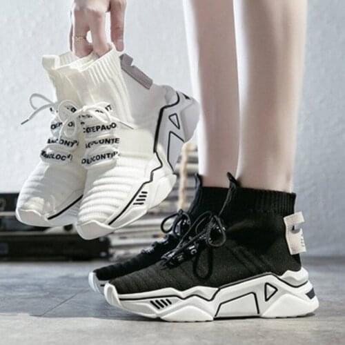 High Top Platform Chunky Sneakers Women Lace-up Stretch Fabric Casual Female Fashion Black White Sneakers Vulcanize Shoes