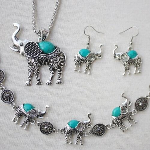 Cute Female Enamel Elephant Jewelry Set Charm Silver Color Dangle Earring For Women Boho Bridal Bracelet Wedding Chain Necklace