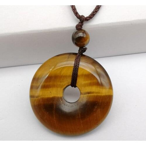 Natural Tigereye Stone Carved Safety Button Pendant Necklace Adjustable Nylon Rope Braid Jewelry F105