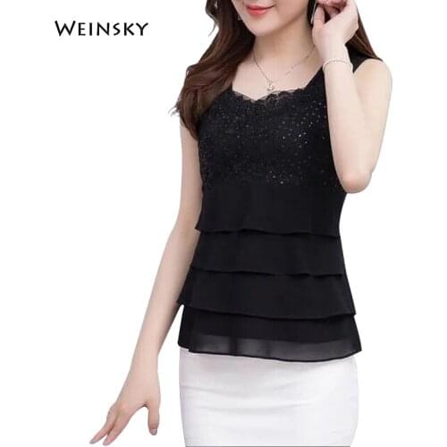 New Women Summer Chiffon Tank Tops Lace Patchwork Elegant Sleeveless Top
