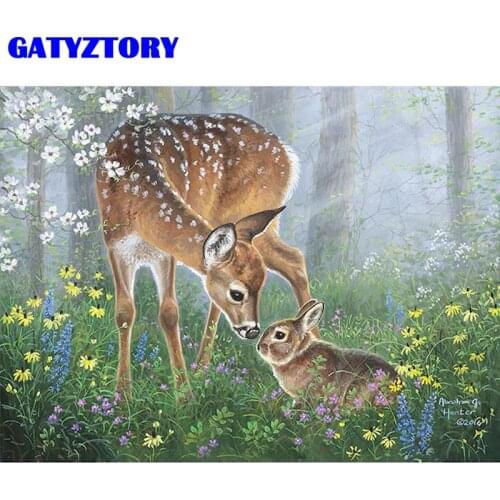GATYZTORY Framed Deer And Rabbit Animal Painting By Numbers Kits For Kids Diy Gift Animal Paints Kit Living Room Wall Artcraft P