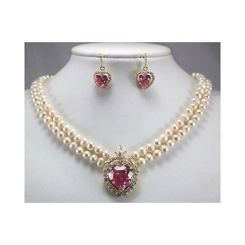 Wholesale New 2 row white pearl necklace + heart pink zircon pendant earring set