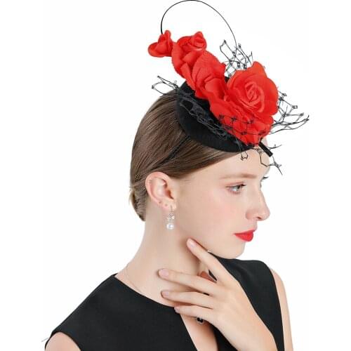 New Fedora hat for Women Weddings Church Party Cocktail Cap Red Rose Black Wool Woman Hats Fascinator Elegant Prom Top Felt Hat
