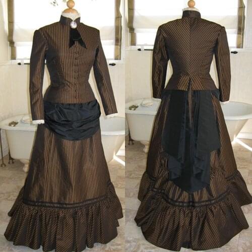 Victorian Brown Strip Bustle Dress Adult Women Victorian Civil War Ball Gown Dress Custom Made H001