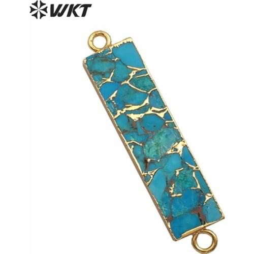 WT-C283 Natural Blue Vein Turquoises Pendant Rectangle Shape stones Connector Gold Electroplated Pendant For Jewelry Making