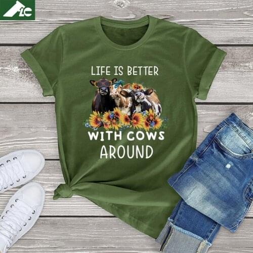 FLC Life Is Better with Cows Around Womens T Shirts Off White Unisex Funny Cow Graphic T Shirts Women Clothes Harajuku Tee Tops