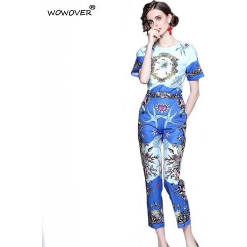2021 Summer Women Two Piece Outfit Runway Fashion Short Sleeve Retro Print Top and Pants Suit Matching Sets Casual Twinset