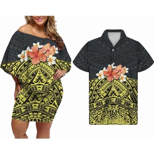 Hycool Polynesian Hibiscus Print Sleeveless Plain Bodycon Dress Sexy Off The Shoulder Party Dress For Women Traveling Couple Set
