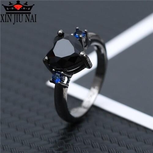 Punk Trendy Vintage Black gold Black Gold Color Love Heart Charm Finger Ring For Women Blue Black Crystal Wedding party Ring