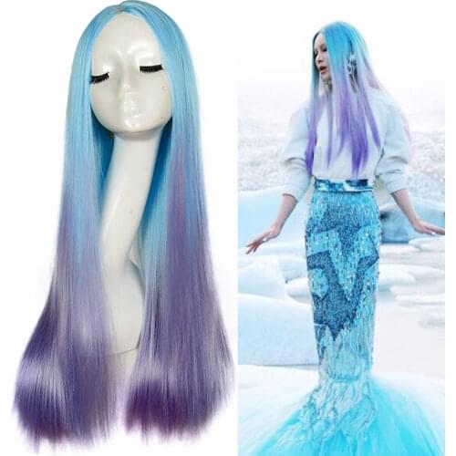 Anime Cosplay Wig Curly Blue Purple Gradient Color Halloween Mermaid Women Girls Play Wig Party Stage Medium Long Straight Hair
