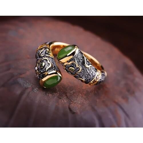 Luxury Natural Jade Ring Classic Real 100% 925 Sterling Silver Wedding Rings For Women Vintage Adjustable Engagement Female Ring