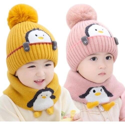 Doitbest 1 to 4 Years old baby kids Beanie sets Cute penguin 2 pcs boys girls winter villus hat scarf set