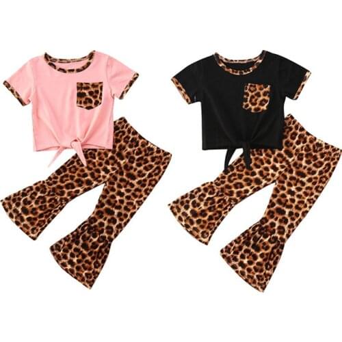 Summer Kids Girls Clothing Set Short Sleeve T-shirt Tops + Leopard Printed Flare Pants High Waist Trousers Outfits