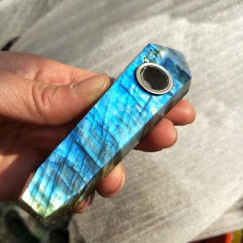 Natural labradorite smoking pipes very good color Point Wand Gemstone healing pipes with Metal Filters about 3.8-4.3 inches