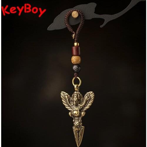 Copper Vajry Pestle Keychain Pendants Handmade Woven Rope Vintage Brass Buddha Key Chains Lucky Key Rings Collection Avoid Evil