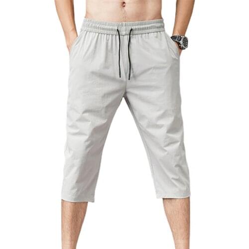 Men Casual Solid Color Elastic Waist Capri Pants Comfy Summer Pants Drawstring for Fitness