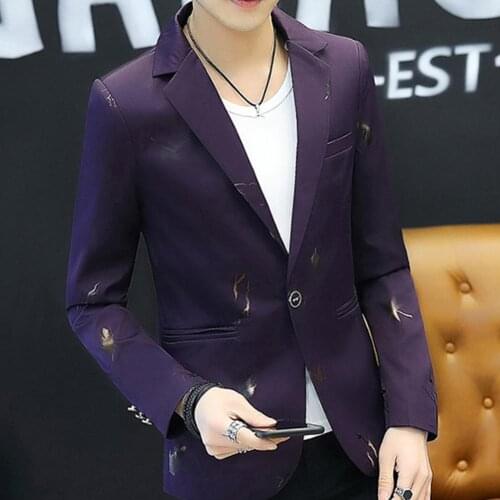 2021 Fashion Men Printed Long Sleeve Lapel One Button Slim Blazer Suit Jacket Coat Formal Evening Dress