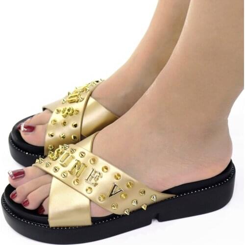 New Fashion Gold Women Med Heel Shoes With Metal Decoration African Pumps For Party CR190,Heel 5.5CM