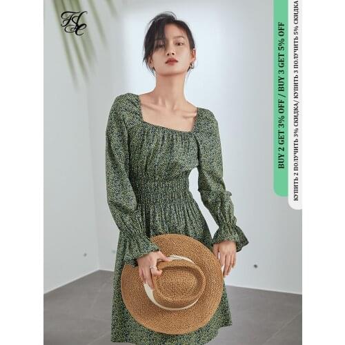 FANSILANEN Vintage Floral Print Short Boho Dress Women Flare Sleeve Slim Green Spring Dress Beach Elegant Summer Dress Female