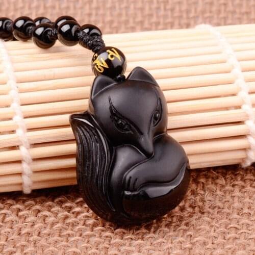 Natural obsidian fox pendant for men women gold obsidian pendants necklace add certificate