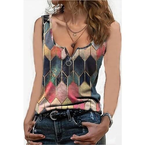 Casual Vintage Vest Tops Womens Sleeveless Top Summer Fashion Blouse Geometric Print Zip Crew Neck T-Shirt Female Tank Tops