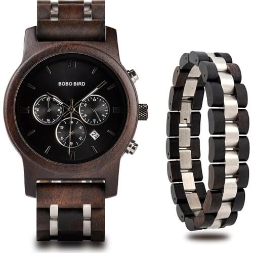 BOBO BIRD Luxury Watch Bracelet Wristwatch two-pieces Set Men Metal Wooden Chronograph Auto Date Clock