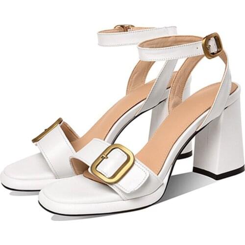Summer New Fashion White High Heels Simple Pure Color Ladies Sandals Leather Breathable Handmade High-quality Womens Shoes