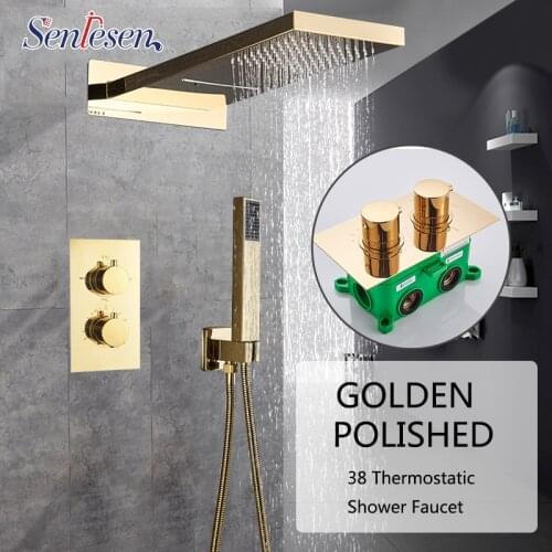 Senlesen Golden Shower Set Thermostatic Faucet 3 Ways Valve Rainfall & Waterfall Shower Head ABS Hand Shower Bathroom