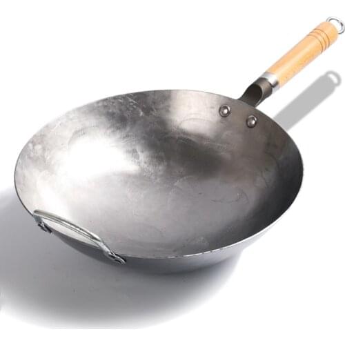 Iron Wok，Traditional Hand Hammered Carbon Iron Pow Wok With Wooden Helper Handle ,Non-coating Gas Cooker Cookware