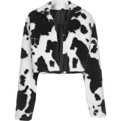 Women Winter Faux Fur Short Jacket Goth Punk Cow Print Black White Plush Coat Long Sleeve Turtleneck Open Front Cardigan