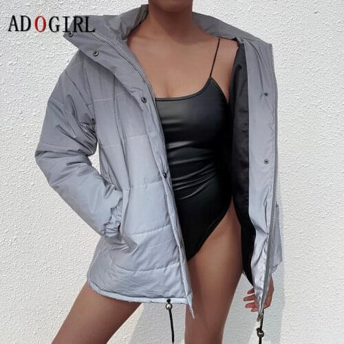 Adogirl Women Winter Coats Thick Warm Parkas Reflective Long Sleeve Jackets Female Overcoat Down Parka Fashion Streetwear