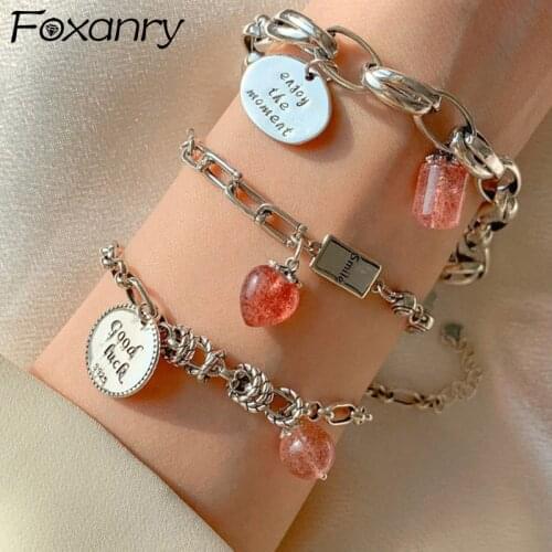 Foxanry 925 Sterling Silver Bracelet for Women New Trendy Elegant Creative Good Luck Pink Strawberry Party Jewelry Birthday Gift