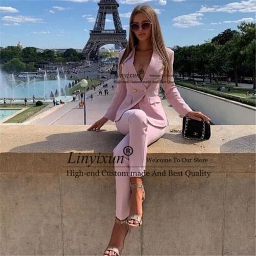 Office Ladies womens pantsuit Red Pink Business Classic Double-breasted Buttons Nine Blazer Pants Set Two Piece Formal Suits