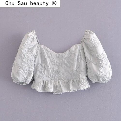 New Fashion Sweet Chic Vintage Floral Embroidery Crop Top Women Summer Short Shirts Streetwear Style V-neck Puff Sleeve Blouses