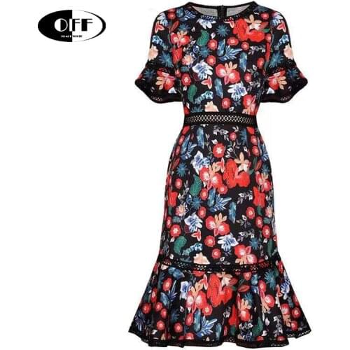 Fashion Designer dress Summer Womens Dress Flare Sleeve Floral-Print Package buttocks elegant party Mermaid Dresses vestidos ZA