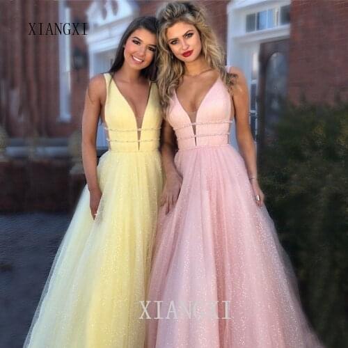 Robe de bal brillante 2020 rose a-ligne profonde col en v sans manches paillettes longue robe de soirée formelle élégante robes