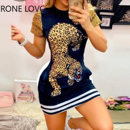 Women Tiger Print Short Sleeve Casual Dress Summer Mini Elegant Dress